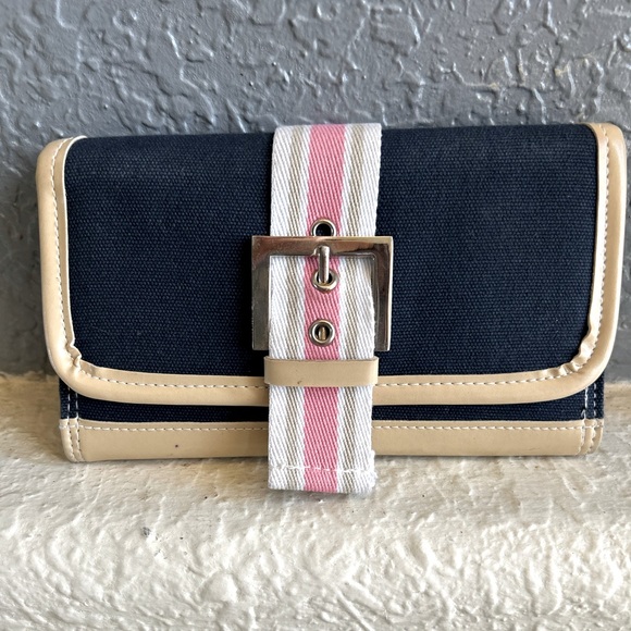 Adorable Navy Vachetta Trim Buckle Wallet Clutch With Pink White Striped Design - Picture 1 of 11